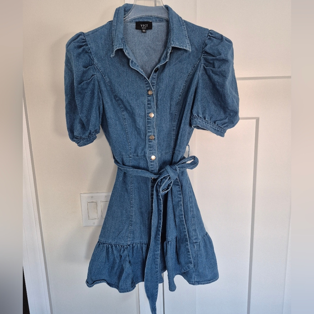 Vici Dress Denim Flirty Ruffle Short Puff Sleeve Mini Size S - Picture 5 of 13